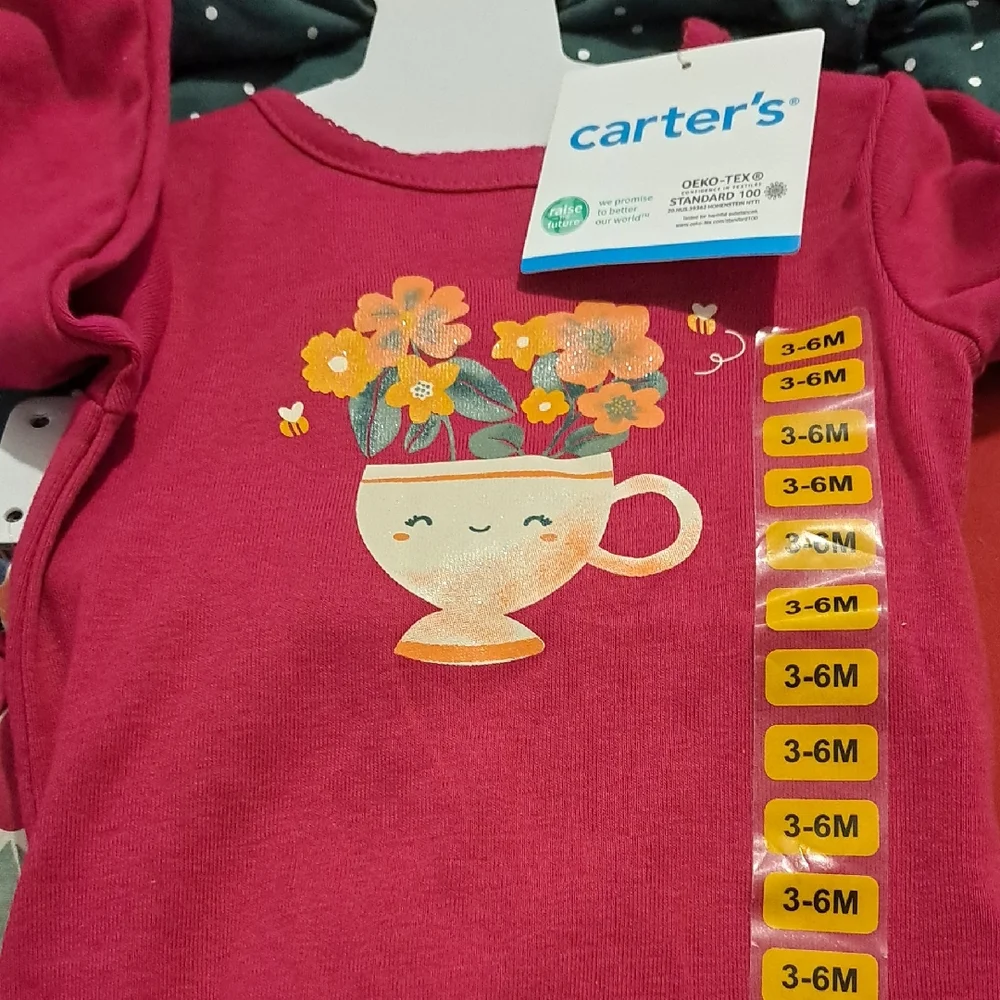 4pc Carter's Baby Floral Cup Shirt & Floral Pants, Green Dots Top & Jean Pants